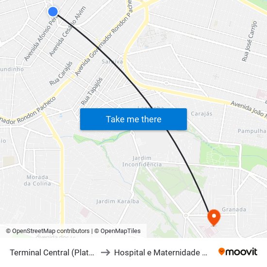 Terminal Central (Plataforma E2 - Laranja) to Hospital e Maternidade Municipal de Uberlândia map