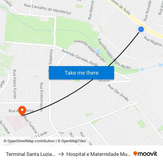 Terminal Santa Luzia (Plataforma A1) to Hospital e Maternidade Municipal de Uberlândia map