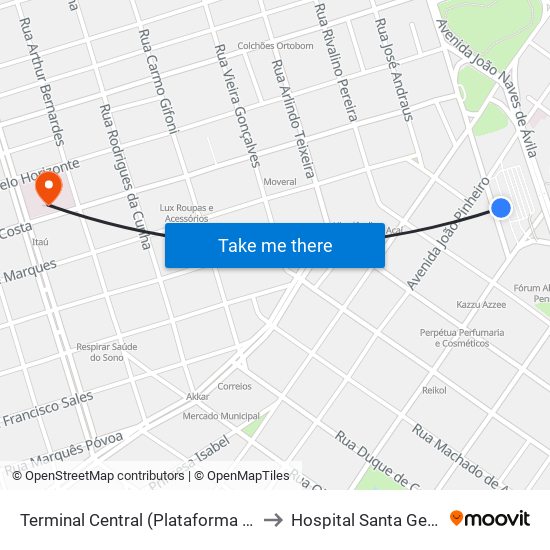 Terminal Central (Plataforma A1 - Azul) to Hospital Santa Genoveva map