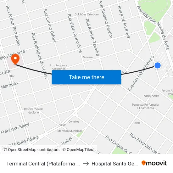 Terminal Central (Plataforma A1 - Azul) to Hospital Santa Genoveva map