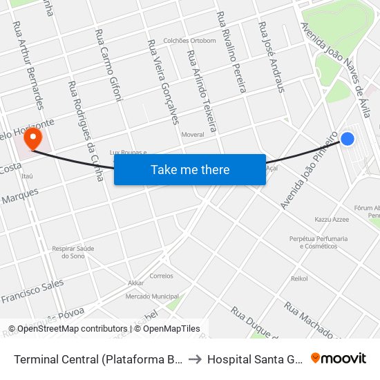 Terminal Central (Plataforma B2 - Amarelo) to Hospital Santa Genoveva map