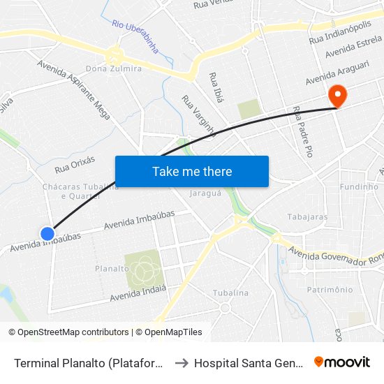 Terminal Planalto (Plataforma A2) to Hospital Santa Genoveva map