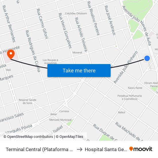 Terminal Central (Plataforma D1 - Verde) to Hospital Santa Genoveva map