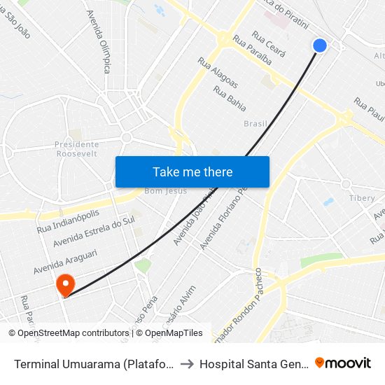 Terminal Umuarama (Plataforma A2) to Hospital Santa Genoveva map