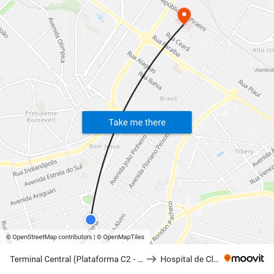 Terminal Central (Plataforma C2 - Vermelho) to Hospital de Clínicas map