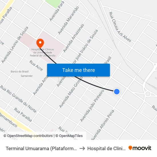 Terminal Umuarama (Plataforma B1) to Hospital de Clínicas map