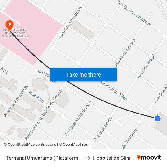 Terminal Umuarama (Plataforma A2) to Hospital de Clínicas map