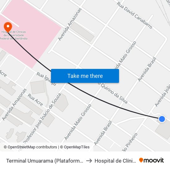 Terminal Umuarama (Plataforma B2) to Hospital de Clínicas map