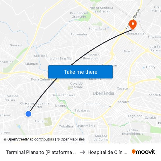 Terminal Planalto (Plataforma A1) to Hospital de Clínicas map