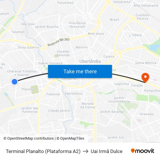 Terminal Planalto (Plataforma A2) to Uai Irmã Dulce map