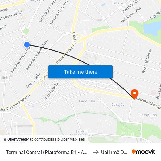 Terminal Central (Plataforma B1 - Amarelo) to Uai Irmã Dulce map