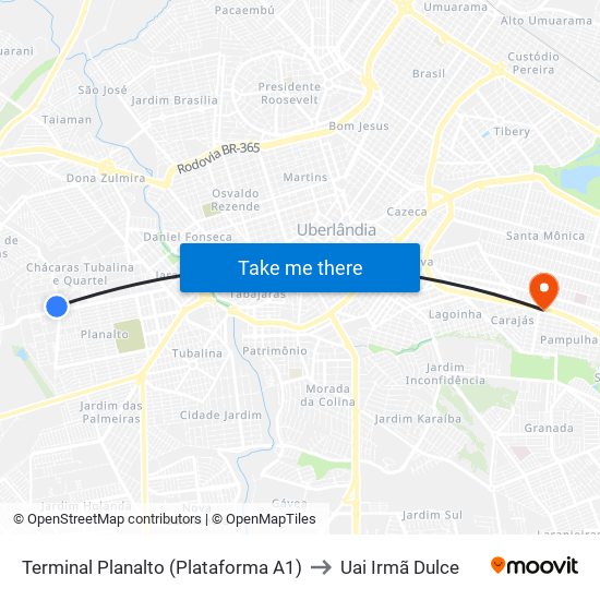 Terminal Planalto (Plataforma A1) to Uai Irmã Dulce map