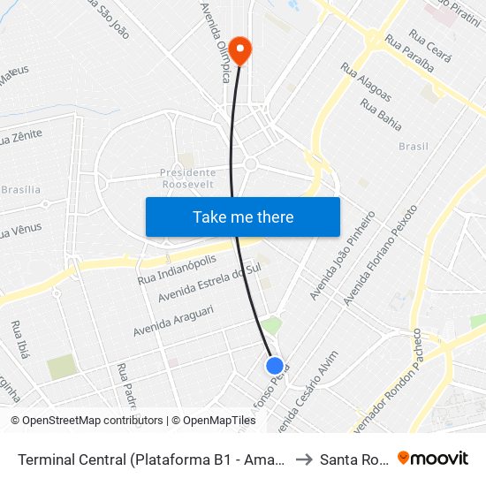 Terminal Central (Plataforma B1 - Amarelo) to Santa Rosa map