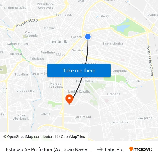 Estação 5 - Prefeitura (Av. João Naves De Ávila) to Labs For Fit map