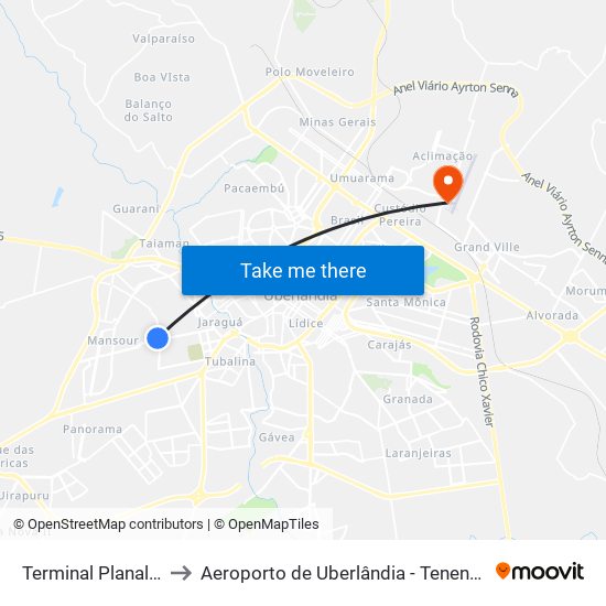 Terminal Planalto (Plataforma A2) to Aeroporto de Uberlândia - Tenente Coronel Aviador César Bombonato map
