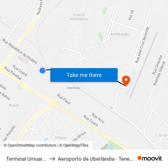 Terminal Umuarama (Plataforma B2) to Aeroporto de Uberlândia - Tenente Coronel Aviador César Bombonato map