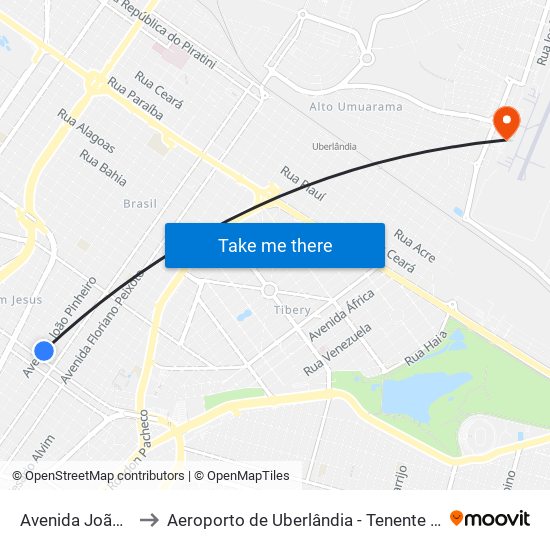Avenida João Pinheiro, 1921 to Aeroporto de Uberlândia - Tenente Coronel Aviador César Bombonato map