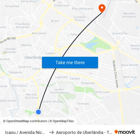 Icasu / Avenida Nicomedes Alves Dos Santos, 3900 to Aeroporto de Uberlândia - Tenente Coronel Aviador César Bombonato map