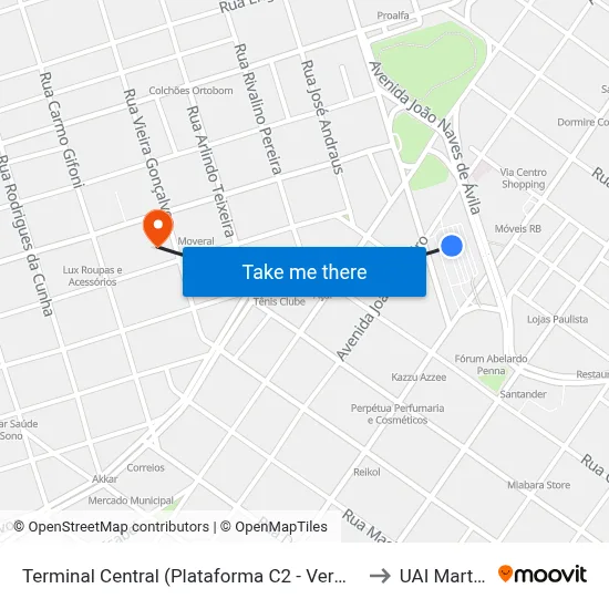 Terminal Central (Plataforma C2 - Vermelho) to UAI Martins map
