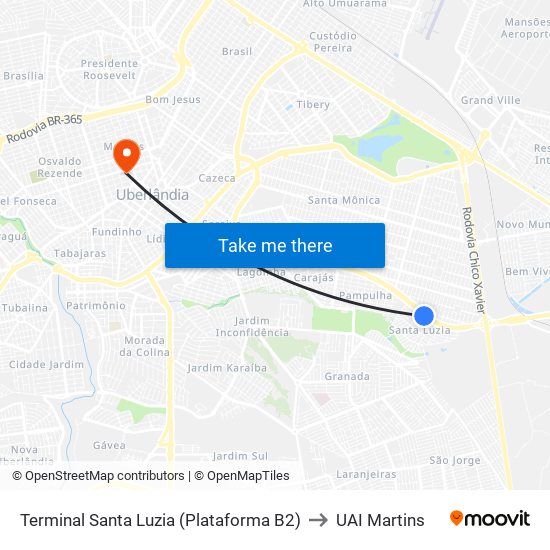Terminal Santa Luzia (Plataforma B2) to UAI Martins map