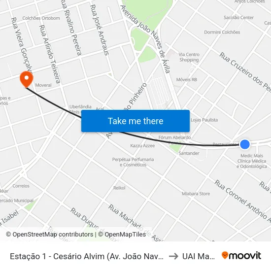 Estação 1 - Cesário Alvim (Av. João Naves De Ávila) to UAI Martins map