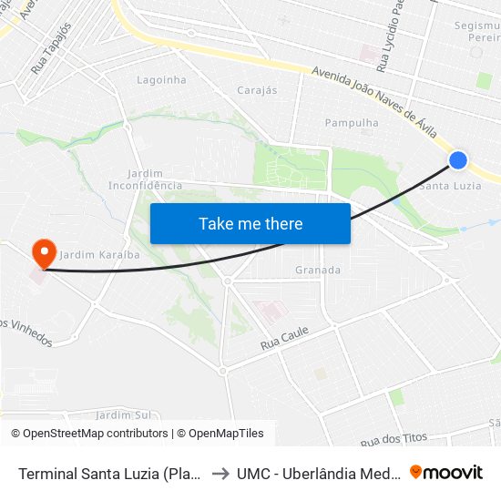 Terminal Santa Luzia (Plataforma B2) to UMC - Uberlândia Medical Center map