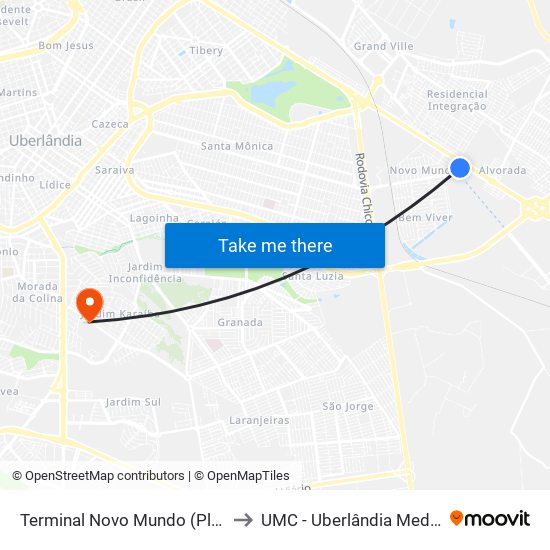 Terminal Novo Mundo (Plataforma B) to UMC - Uberlândia Medical Center map