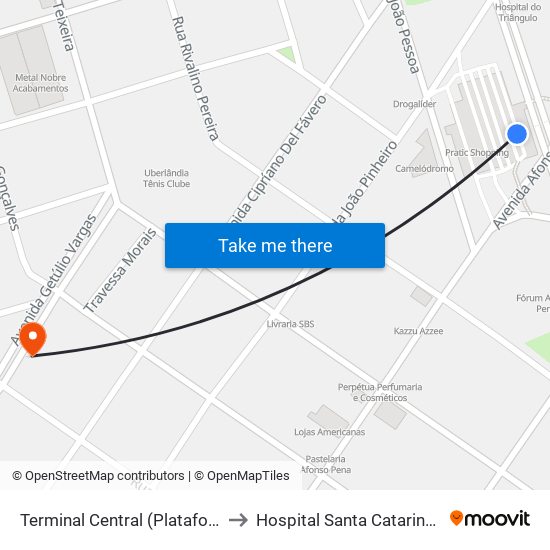 Terminal Central (Plataforma E1 - Laranja) to Hospital Santa Catarina Administração map