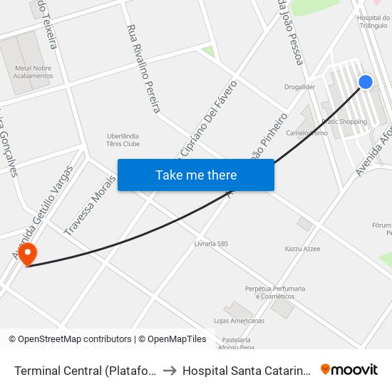 Terminal Central (Plataforma E2 - Laranja) to Hospital Santa Catarina Administração map