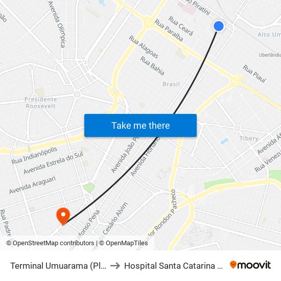 Terminal Umuarama (Plataforma B2) to Hospital Santa Catarina Administração map