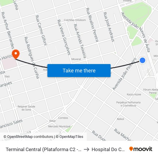 Terminal Central (Plataforma C2 - Vermelho) to Hospital Do Coração map