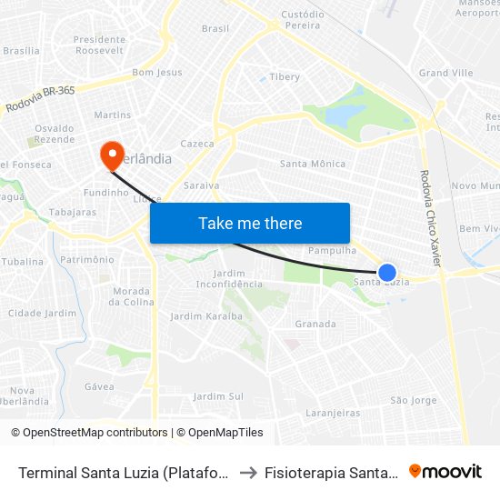 Terminal Santa Luzia (Plataforma A1) to Fisioterapia Santa Clara map