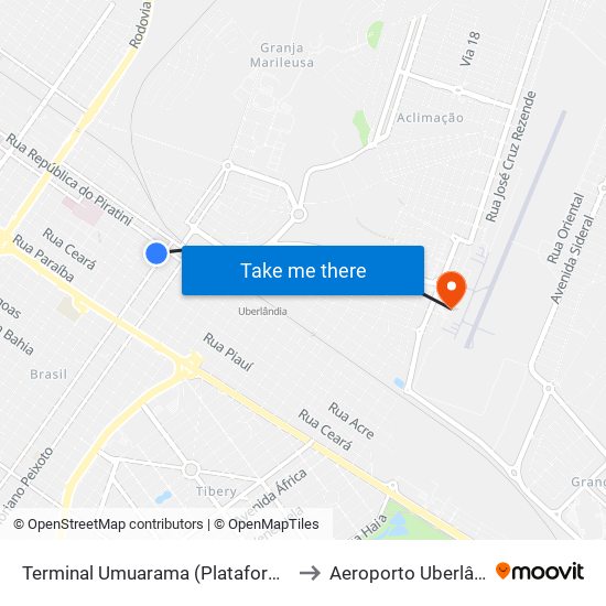 Terminal Umuarama (Plataforma B1) to Aeroporto Uberlândia map