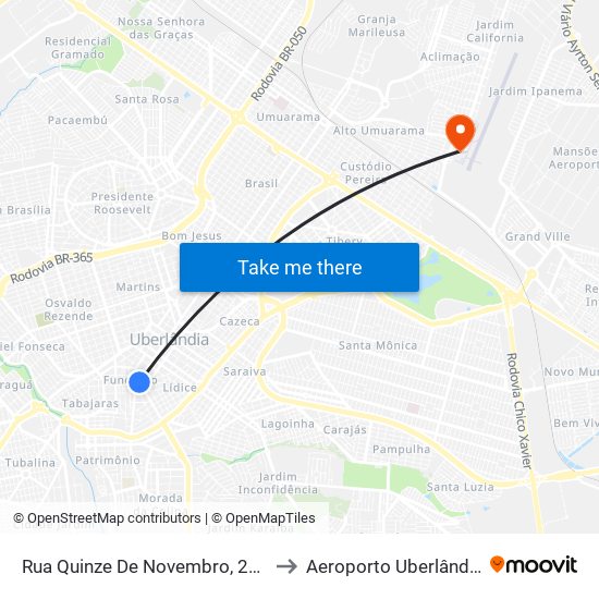 Rua Quinze De Novembro, 205 to Aeroporto Uberlândia map