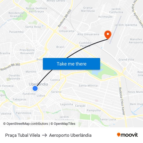 Praça Tubal Vilela to Aeroporto Uberlândia map