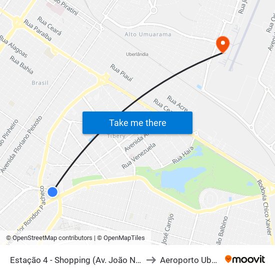 Estação 4 - Shopping (Av. João Naves De Ávila) to Aeroporto Uberlândia map