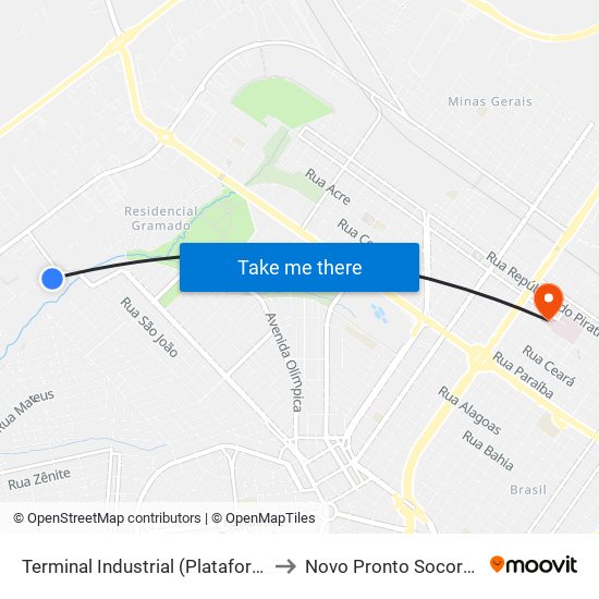 Terminal Industrial (Plataforma A2) to Novo Pronto Socorro Ufu map