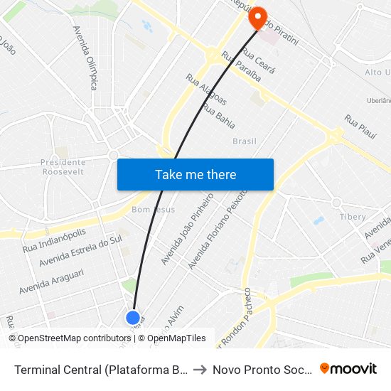 Terminal Central (Plataforma B1 - Amarelo) to Novo Pronto Socorro Ufu map