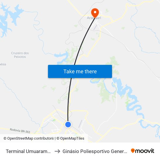 Terminal Umuarama (Plataforma A2) to Ginásio Poliesportivo General Mario Brum Negreiros map