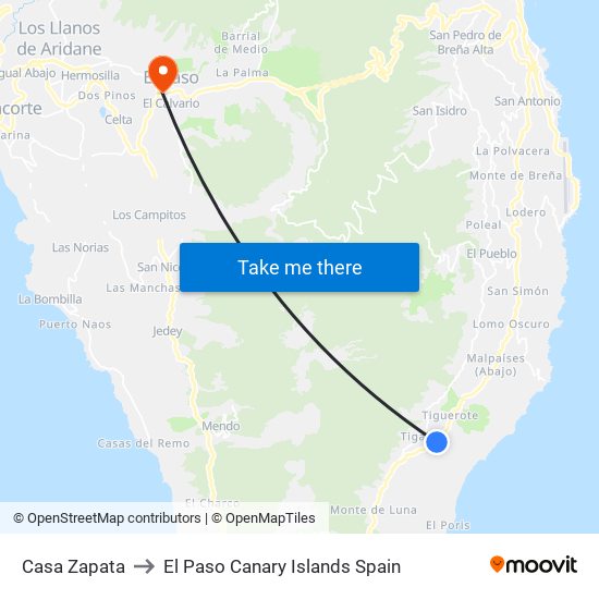 Casa Zapata to El Paso Canary Islands Spain map