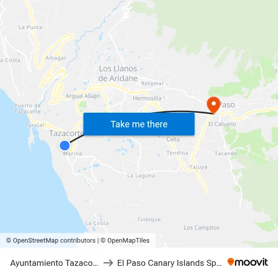 Ayuntamiento Tazacorte to El Paso Canary Islands Spain map