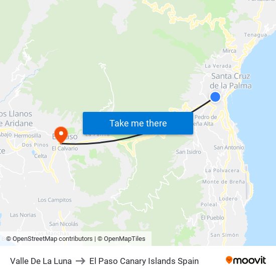Valle De La Luna to El Paso Canary Islands Spain map