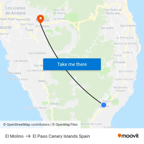 El Molino to El Paso Canary Islands Spain map