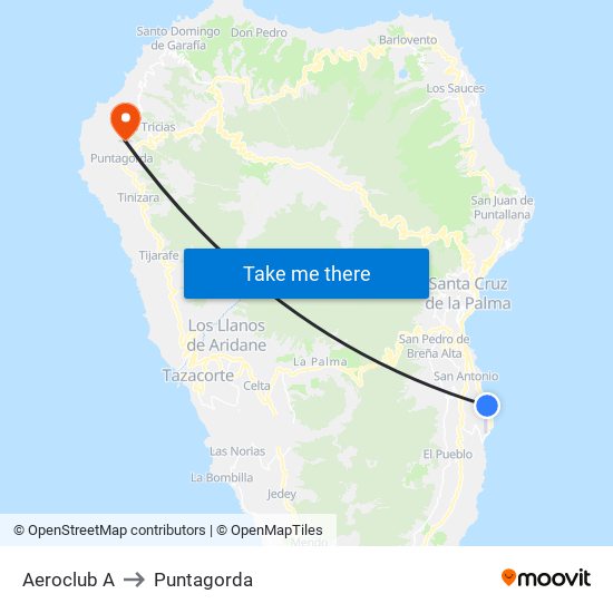 Aeroclub A to Puntagorda map