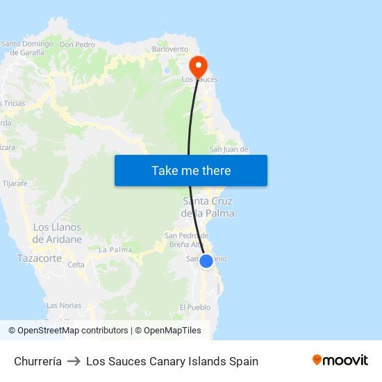 Churrería to Los Sauces Canary Islands Spain map