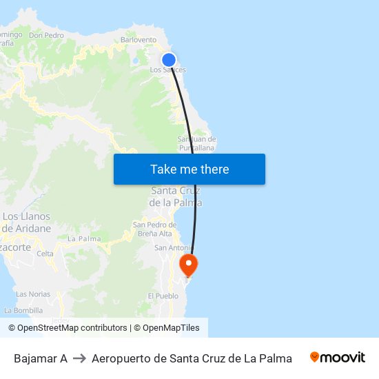 Bajamar B to Aeropuerto de Santa Cruz de La Palma map