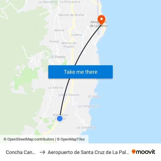Concha Canela to Aeropuerto de Santa Cruz de La Palma map
