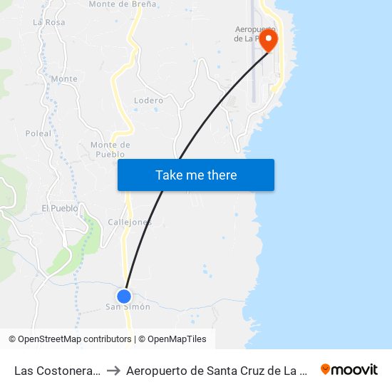 Las Costoneras B to Aeropuerto de Santa Cruz de La Palma map