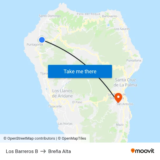 Los Barreros B to Breña Alta map