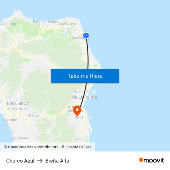 Charco Azul to Breña Alta map